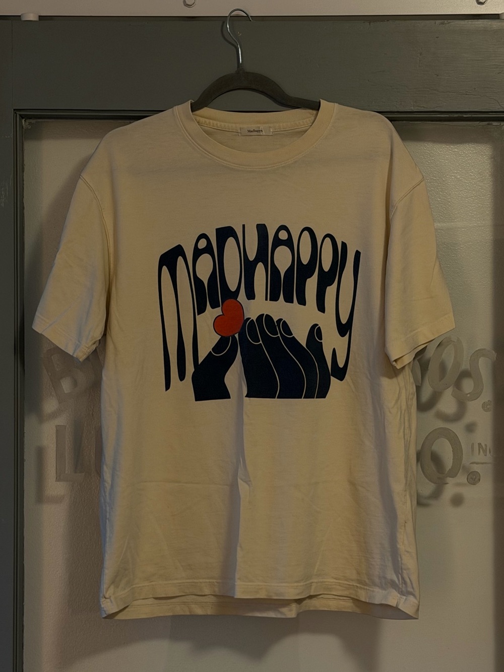 Madhappy Cream Short-Sleeve Tee with Navy Graphic & Red Heart